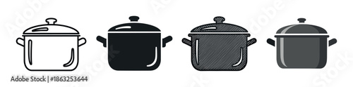 Set of four black cooking pot icons in various graphic styles including outline, silhouette, hatched, and flat design for culinary concepts