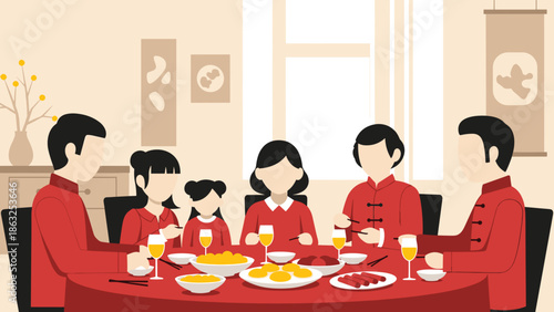 Lunar new year, of a contemporary family enjoying a reunion dinner, minimalist style in warm red and beige tones, subtle decor.