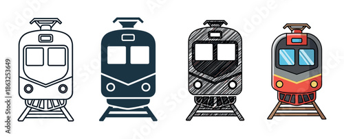 Collection of four train front icons in different artistic styles including line art, solid silhouette, hand-drawn scribble sketch, and a full color cartoon illustration