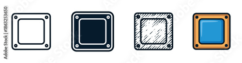Set of four square frame icons with rounded corners and rivets, presented in various artistic styles including outline, solid glyph, hand-drawn sketch, and full color cartoon