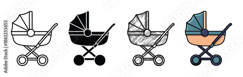 Four baby stroller vector icons presented in a set of different artistic styles: simple line art, solid silhouette, hand-drawn sketch, and a flat colored cartoon