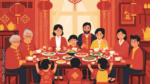 Lunar new year, of a large multi-generational family reunion dinner, with children in the foreground and festive "Fu" decorations.