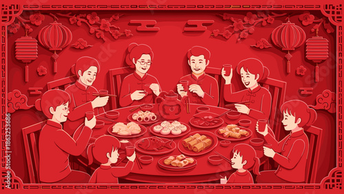 Lunar new year, of a multi-generational family reunion dinner, depicted in a classic red paper-cut style with intricate details.