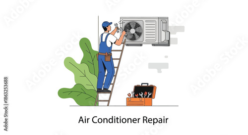 Air conditioner maintenance and repair performed by a technician on a ladder