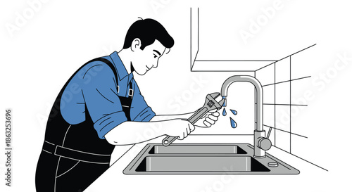 A plumber repairing a leaky faucet under a kitchen sink