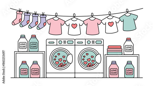Love Laundry Day: Laundry day is celebrated with a vibrant display of clothes, detergent, and washing machine. Cute scene of love heart printed t-shirt.