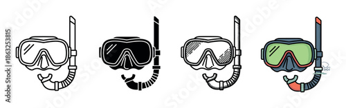 Diving mask and snorkel icon set in four different styles including outline, glyph, sketch, and flat color for underwater swimming and recreation concepts