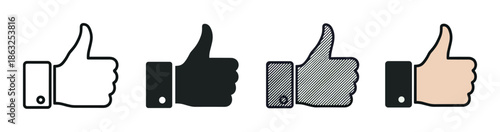 Set of four thumbs up icons showing different graphic styles including outline, silhouette, hatched, and color for social media approval and positive feedback concepts