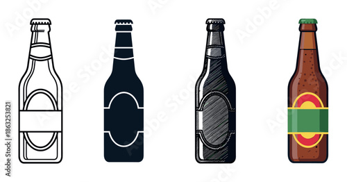 Four beer bottle illustrations in a row, showcasing a variety of graphic styles from simple line art and silhouette to a detailed sketch and a full color cartoon version