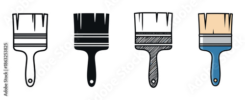 Four paintbrush icons in various artistic styles including line art, silhouette, sketch, and color, representing tools for painting, renovation, and creative design projects