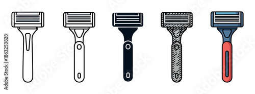 Set of five disposable shaving razors illustrated in a variety of graphic styles, from simple line art and glyph icons to a detailed full-color cartoon version