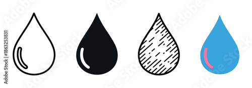 Set of four water drop icons presented in a row shows different graphic styles, including a thin line, a solid black silhouette, a hatched sketch, and a simple blue color version