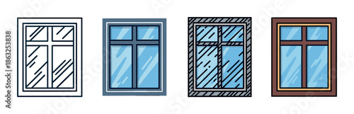 Set of four window icons in different styles, including simple line art, flat color, and detailed hand-drawn illustrations for graphic design or interface elements