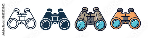 Set of four binocular icons in various styles, including a simple outline, a solid glyph, and two colorful cartoon versions, perfect for web and print design elements