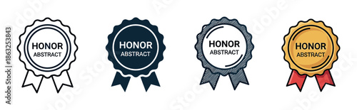 Collection of four award medal icons with ribbons in various design styles including line art, solid fill, sketch, and full color for representing achievement and quality