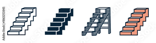 Set of four hand-drawn stairs illustrations in different styles including outline, silhouette, hatched, and colored for representing progress, growth, or stages