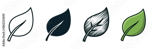 Set of four leaf icons presented in various artistic styles including outline, silhouette, hand-drawn sketch, and a simple green color version for versatile design