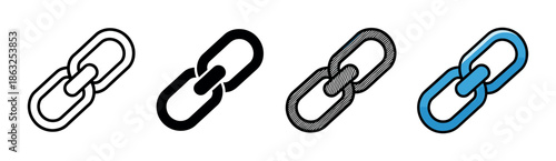 Set of four chain link icons in different styles including outline, silhouette, sketch, and color for representing connection, attachment, or hyperlinks in a graphic user interface