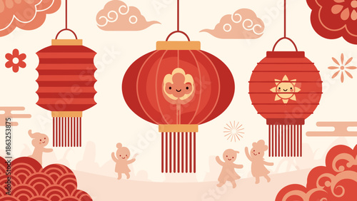 Lunar new year, of joyful children and decorative lanterns with festive clouds and fireworks celebrating the holiday.