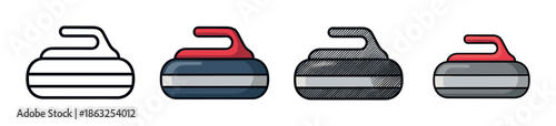 Curling stone icon set with different styles including simple line art, flat color, and textured black and white versions for sports design