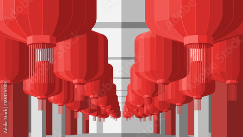 Lunar new year, of an enchanting corridor filled with rows of traditional red lanterns, creating depth and perspective.