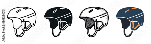 Ski and snowboard helmet icon set in four different graphic styles including outline, silhouette, hand-drawn sketch, and flat color vector illustration