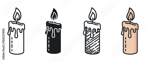Set of four burning candle illustrations with melting wax, presented in different artistic styles including simple outline, solid silhouette, hatching, and color fill
