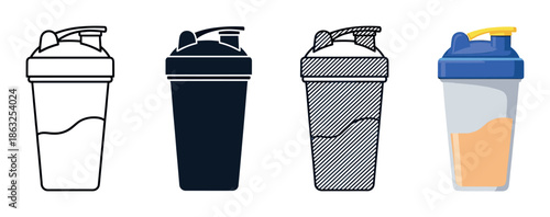Set of four protein shaker bottles shown in different illustration styles, including line art, silhouette, hatched, and full-color flat design for fitness and nutrition concepts