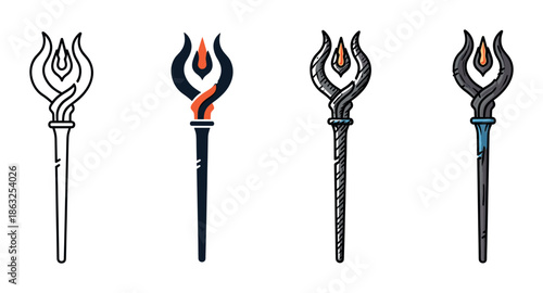 Four fantasy scepter icons with a fire element top, presented in a collection of styles including outline, flat design, and detailed comic book art for a role-playing game