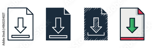 Set of four download file icons in various styles including outline, solid fill, sketched, and color for user interface design and web application development