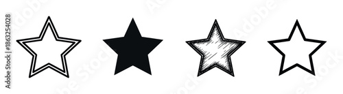 Collection of four black star icons with different artistic styles like solid, outline, double contour, and a hand-drawn sketch for rating or review concepts