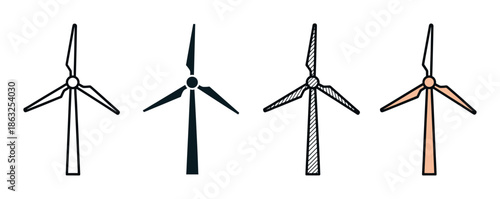 Set of four wind turbine icons in various minimalist graphic styles including outline, silhouette, hatched, and colored for renewable energy concepts