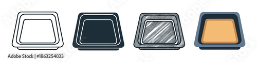 Collection of four empty food tray icons presented in various design styles such as simple outline, silhouette, engraved sketch, and a modern flat color version