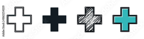 Set of four hand-drawn plus sign icons in different artistic styles including outline, solid black, scribbled texture, and a simple color fill for graphic design