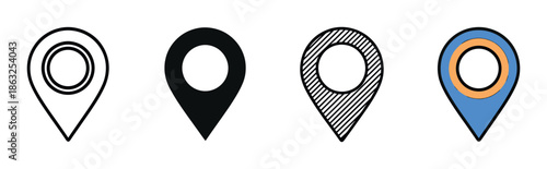 Set of four location pin icons in different styles including outline, solid fill, striped pattern, and color for user interface design and navigation concepts