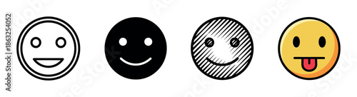 Set of four smiley face icons showcasing different graphic design styles, including line art, solid silhouette, hatched texture, and a colorful cartoon emoticon with its tongue out