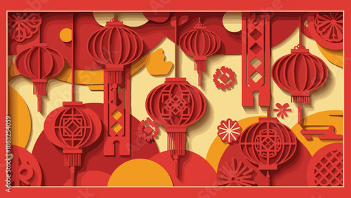 Lunar new year, of a festive paper-cut style illustration with layered red lanterns and traditional motifs.