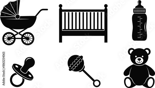 Silhouette illustration set of 6 baby items stroller crib bottle pacifier rattle and teddy bear