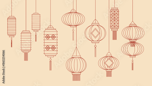 Lunar new year, of a diverse collection of outline-style lanterns in elegant, muted reddish-brown tones.