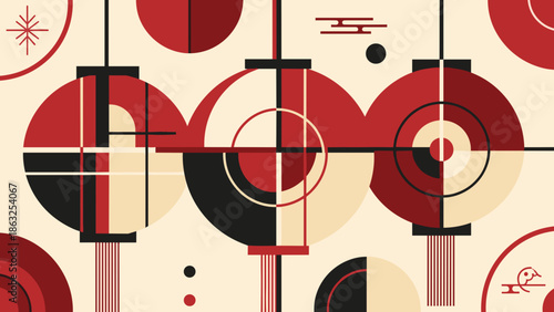 Lunar new year, of abstract, modern geometric lanterns and patterns in a contemporary design of red, black, and beige.