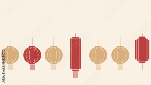 Lunar new year, of a clean arrangement of minimalist red and beige lanterns in diverse shapes.