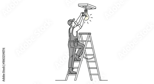A person on a ladder is changing a light bulb in the ceiling
