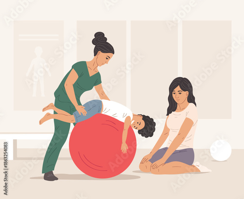 Physiotherapist working with child using therapy ball