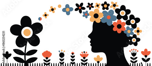 Silhouette of a Woman's Profile Adorned with a Garland of Stylized Flowers and a Single Large Flower Keywords: woman, profile, silhouette, flowers