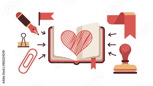Love Story Illustrations: This visual tells a story of love, with a vibrant heart-shaped design at the center of a book, encircled by various symbolic elements. Pen, flag, paperclip, banner.