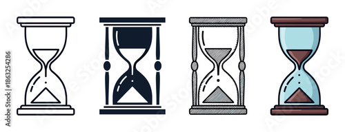 Set of four hourglass sand timer icons in different artistic styles including outline, glyph, hand-drawn, and colorful cartoon for time management concepts