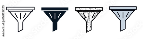 Set of four funnel vector icons in different graphic styles including line art, silhouette, hand-drawn sketch, and colored illustration for data filtering or sales concepts