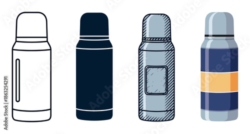 Set of four thermos bottle illustrations showing different artistic styles including simple line art, a dark silhouette, a hand-drawn sketch, and a flat color vector design