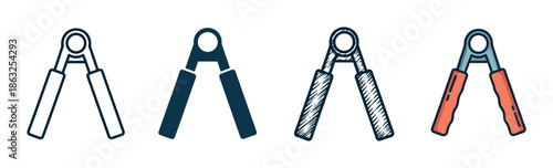 Hand gripper exerciser fitness equipment icon set in various graphic styles including line art, silhouette, sketch, and color flat design for strength training concepts