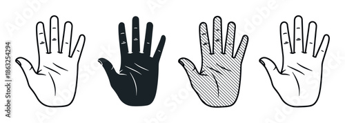 Set of four human hand illustrations in a simple graphic style showing an open palm gesture with outline, silhouette, and hatched variations for design elements